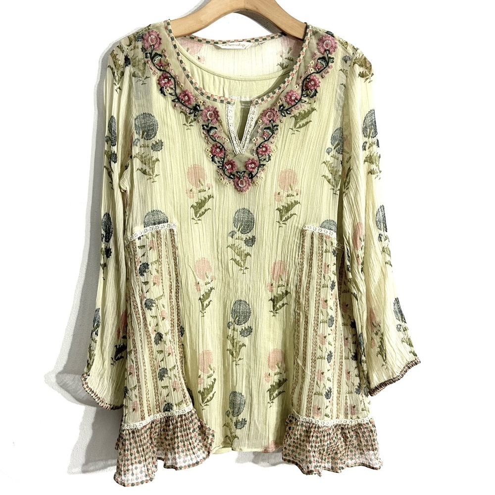 Soft Surroundings boho cottage peasant Serenata Tunic floral beaded EUC size M